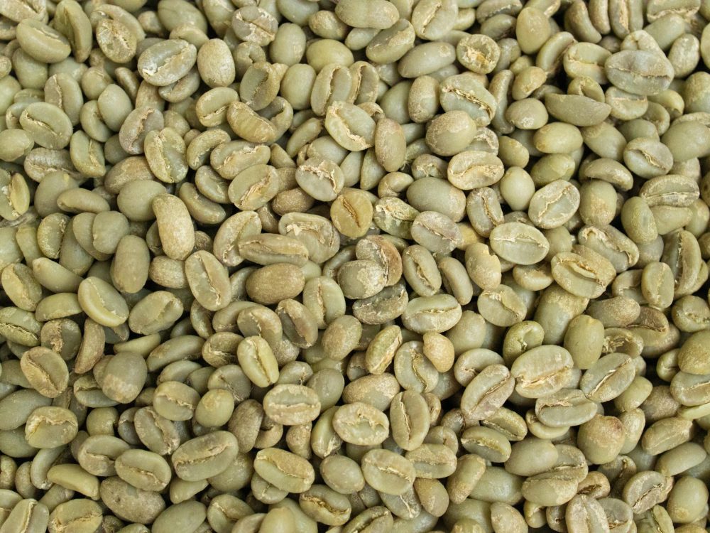 Detailed close-up of fresh, raw green coffee beans, ideal for roasting.